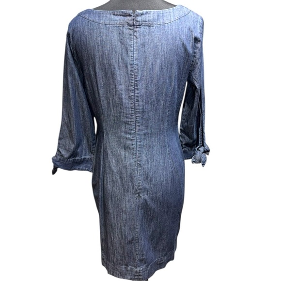 NWT Talbots Denim Dress Size 8 Back Zip Bow Cuff 3/4 Sleeve Jewel Neck - Picture 2 of 8
